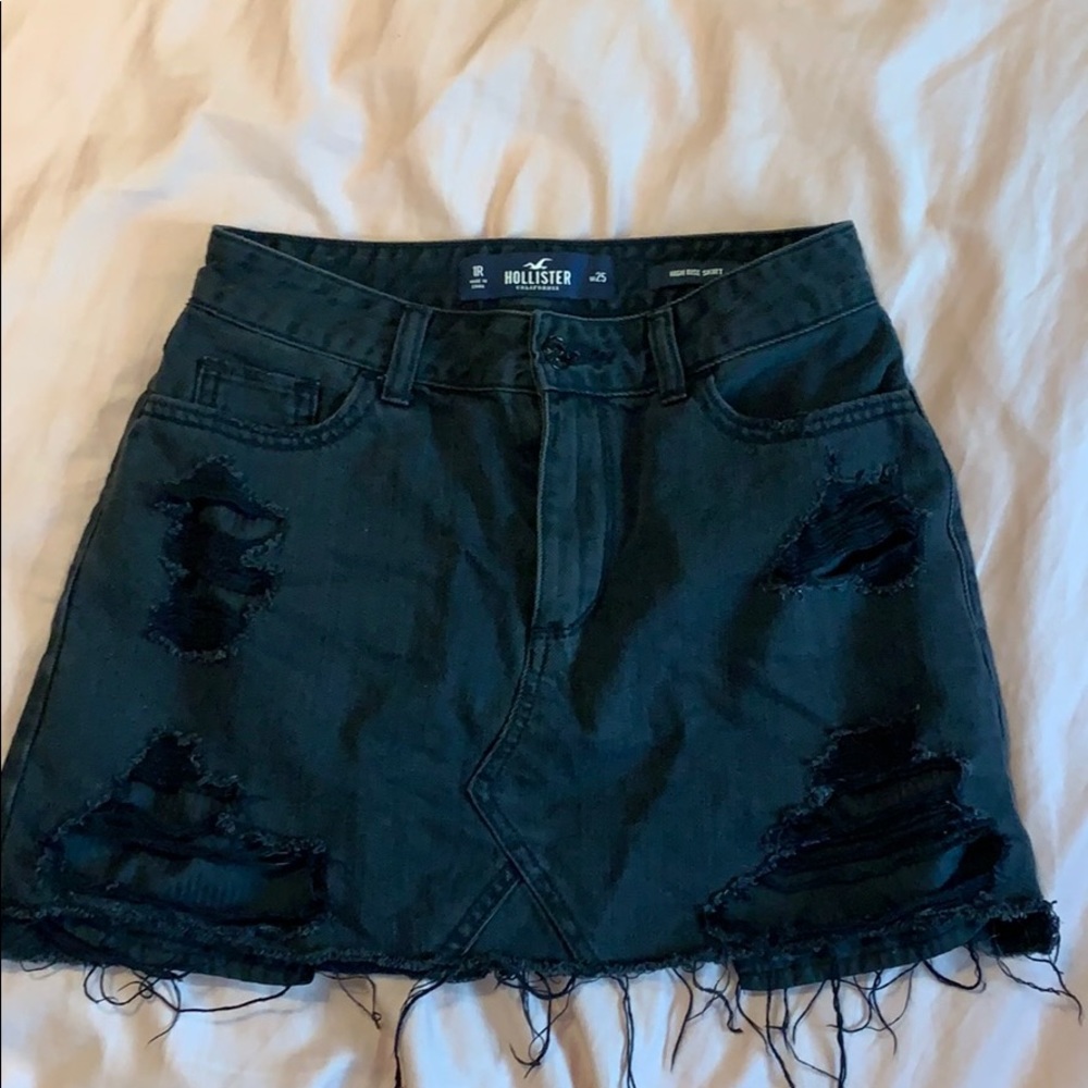 High rise black ripped jean skirt